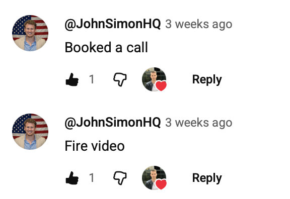 YouTube comments on Pavel's video: 'Booked a call' and 'Fire video'